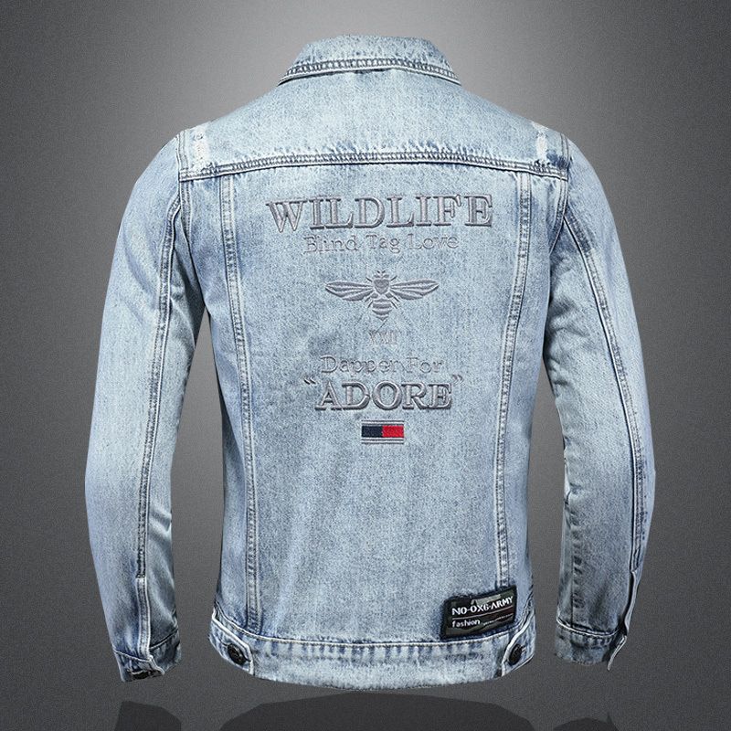 Men's Clothes Spring Bee Embroidered Light-colored Lapel Denim Jacket For Men_viptrois.com