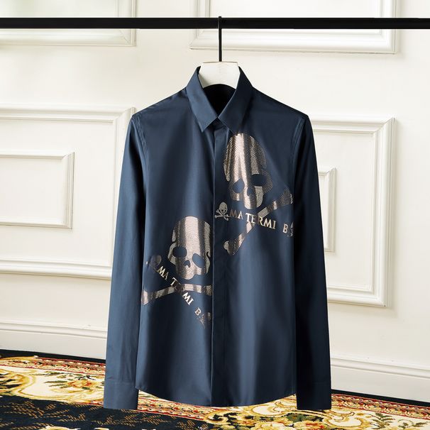 Men's Clothing Men's Trendy Long Sleeved Shirt Double Skull Print Casual Style Premium Embroidered Dress Shirt Long Sleeve Oxford For Formal & Casual_viptrois.com