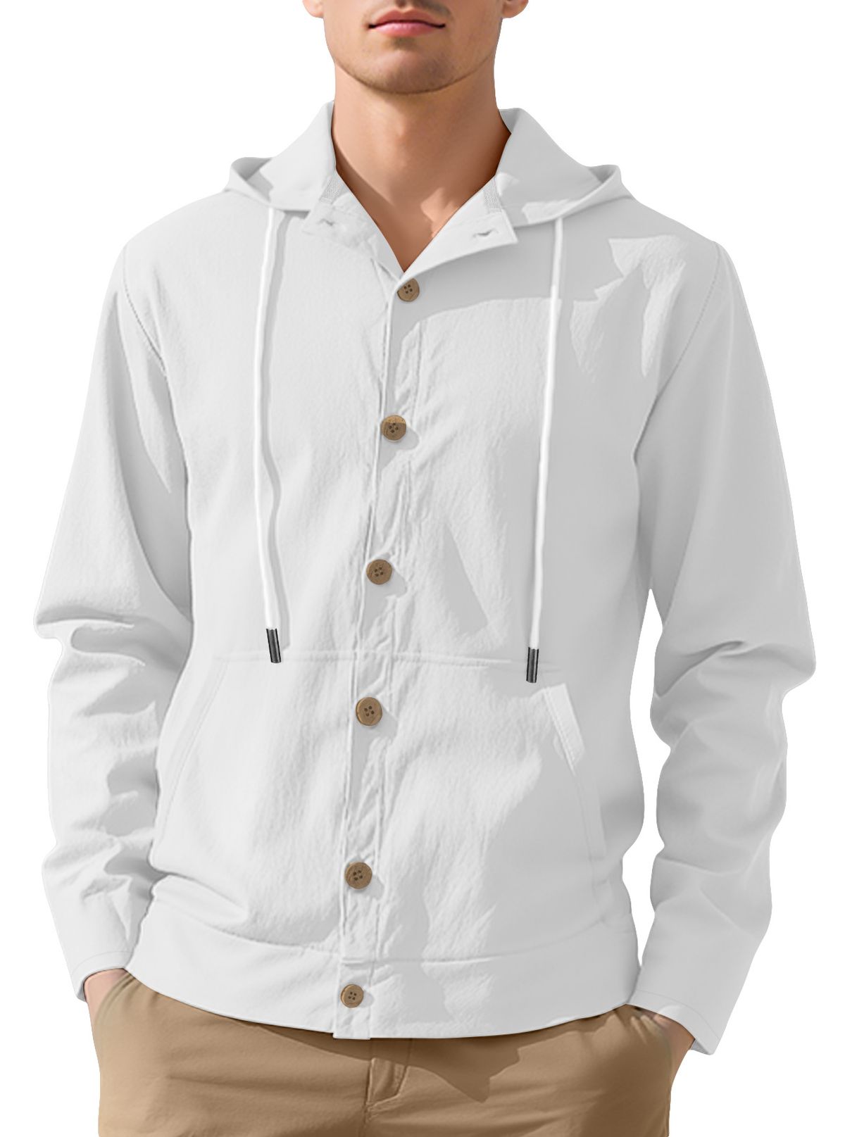 2026 Spring/Summer Men's Solid Color Linen Long-Sleeved Hooded Pullover Buttoned Casual Shirt With Drawstrings_viptrois.com