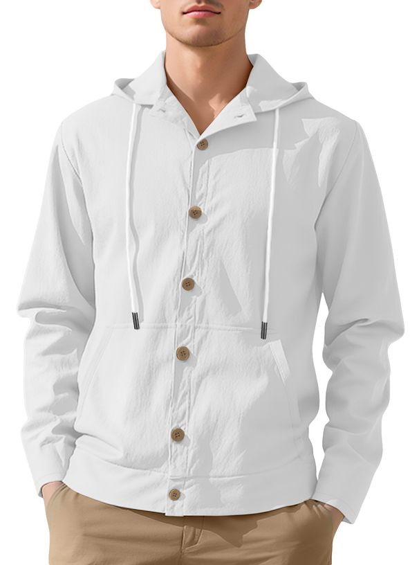 2026 Spring/Summer Men's Solid Color Linen Long-Sleeved Hooded Pullover Buttoned Casual Shirt With Drawstrings_viptrois.com