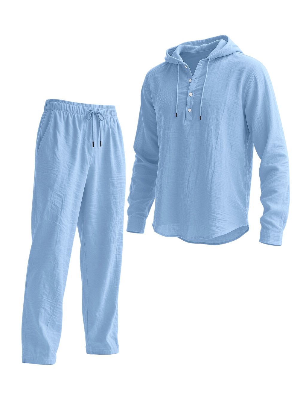 Men's Linen Hooded Button-Up Shirt & Long Pants Casual Lounge Set – Breathable Two-Piece Outfit For Spring & Autumn_viptrois.com