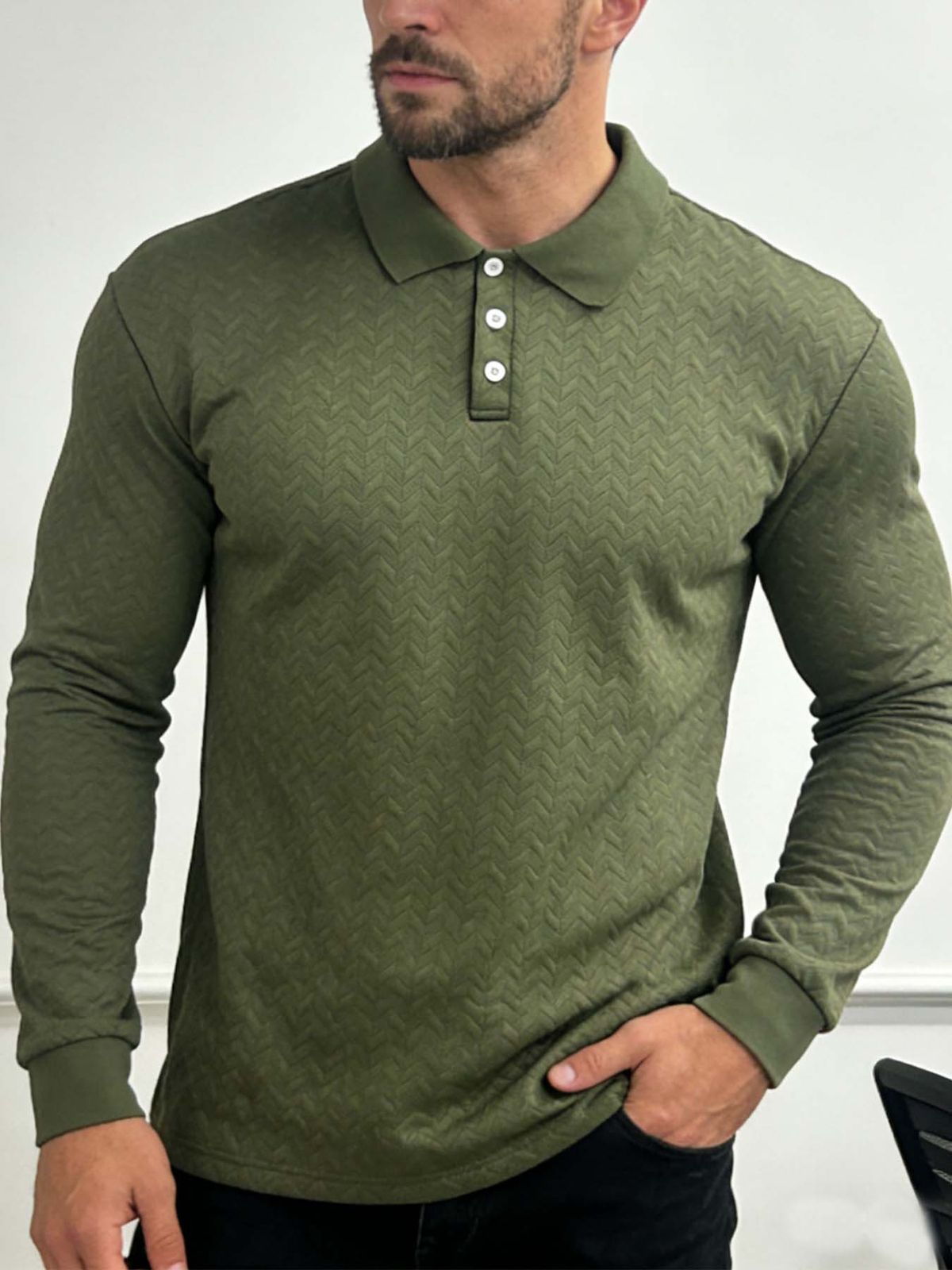 Men's Solid Color Lapel Button down Polo Shirt Long Sleeved Casual Everyday Style Versatile Top Cross Border Trade_viptrois.com