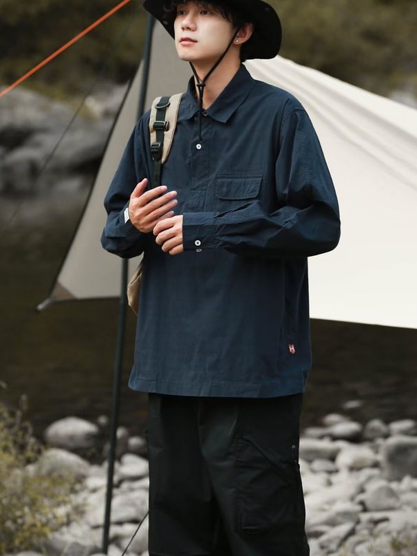 Single breasted lapel style trendy loose fitting retro workwear shirt men's long sleeved spring and autumn season_viptrois.com