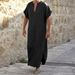 Mens Short Sleeve Black Jubba Thobe Muslim Men Clothing Islam Arabic Kaftan Abaya Robe Solid Color V-neck Musulman Shirt_viptrois.com