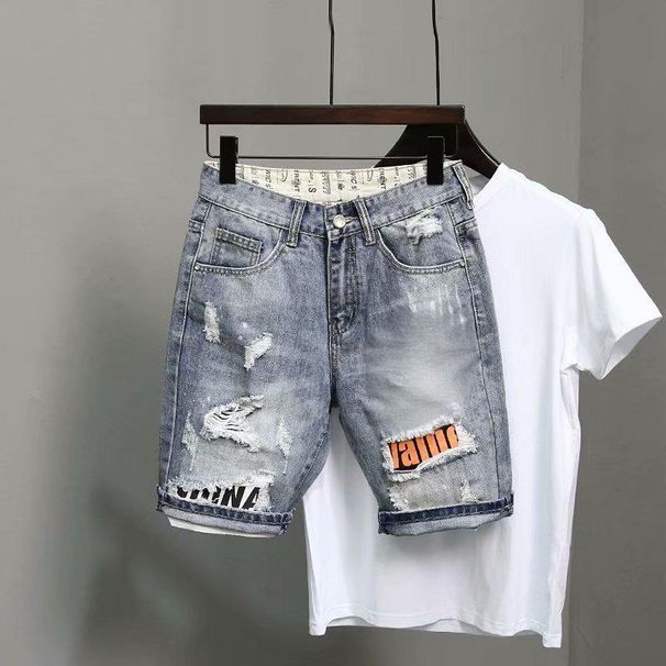 Men's Clothing Hole Patch Printed Frayed Denim Slim Fit Shorts_viptrois.com
