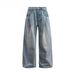 Men's Clothing Retro Washed Old Double Pleated Jeans Trendy Loose Baggy Wide Leg Mopping Casual Trousers_viptrois.com