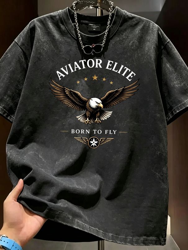 Summer Washed Cotton T-Shirt, Men's Aviator Elite Eagle Print, Luxury Casual Style, Oversized Tee_viptrois.com
