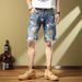 Men's Clothing Denim Shorts Summer Thin Loose Trendy Breeches Ripped Casual Five Point Mid Length Pants_viptrois.com