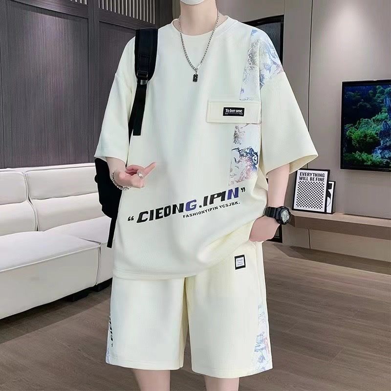 Summer Ice Silk Set For Boys Teenagers Students National Trend Short Sleeve Shorts Loose Matching Outfit Trendy_viptrois.com