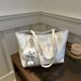 Stylish Striped Embroidered Tote Bag For Women - Lightweight Canvas Shoulder Bag With Detachable Charm, Spacious Design For Work, College & Daily Use_viptrois.com