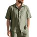 Men's Summer Linen Jacquard Shirt Vertical Stripe Collared Button Down Loose Breathable Casual Short Sleeved_viptrois.com