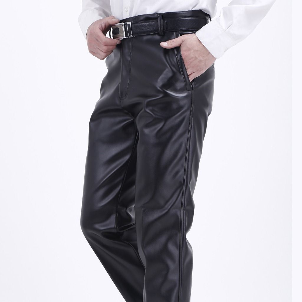 Men's Clothing Oil Proof And Dirt Resistant PU Leather Pants Middle Aged And Elderly Leather Pants High Waist Straight Motorcycle Leather Pants_viptrois.com