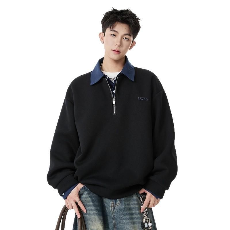American Style Heavyweight Two Piece Half Zip Polo Collar Sweatshirt For Men, Autumn Trendy Color Blocked Sports Casual Pullover Wholesale._viptrois.com