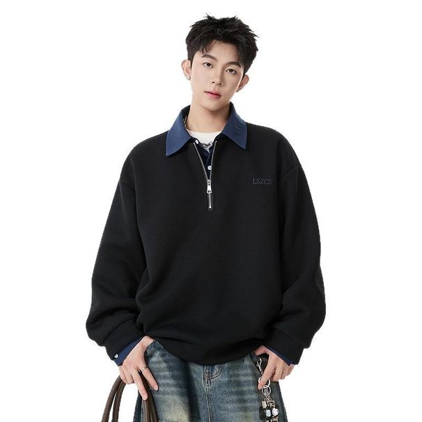 American Style Heavyweight Two Piece Half Zip Polo Collar Sweatshirt For Men, Autumn Trendy Color Blocked Sports Casual Pullover Wholesale._viptrois.com