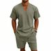 Men's Casual Loose Linen Shorts Set V Neck Short Sleeved Summer Vacation Wear 7 Solid Colors Available_viptrois.com