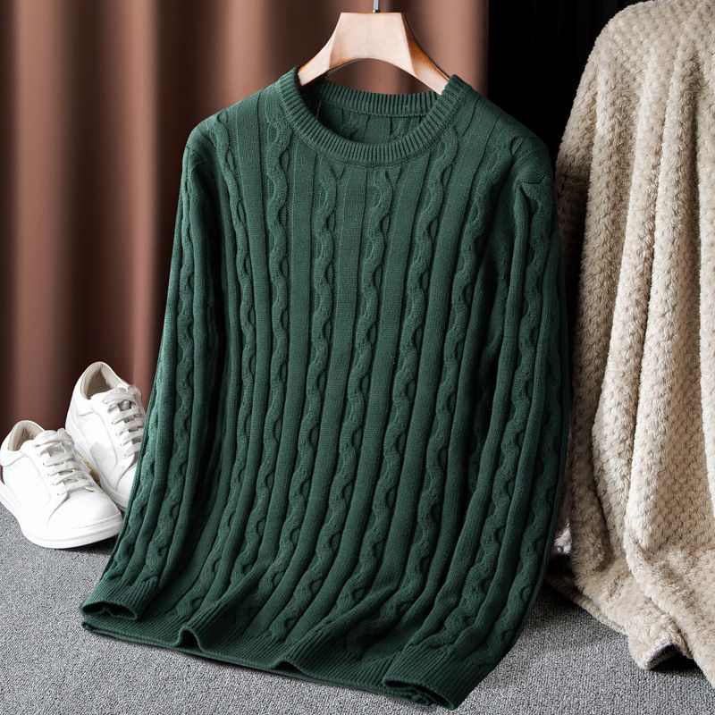 Men's Classic Crewneck Sweater – 100% Cotton, Timeless Cable Knit, Relaxed Fit For Everyday Elegance (Black/Navy/Green/Blue)_viptrois.com