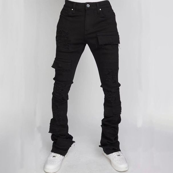 Cargo Straight European And American Fashion Ins Hot Style Stretch Ripped Denim Layered Flared Men's Pants_viptrois.com