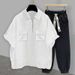 Men's Clothing Half Zipper Solid Color Short Sleeved Suit Men's Summer Trendy Brand Workwear Pocket Design Student Loose Short Sleeved Cuffed Trousers_viptrois.com