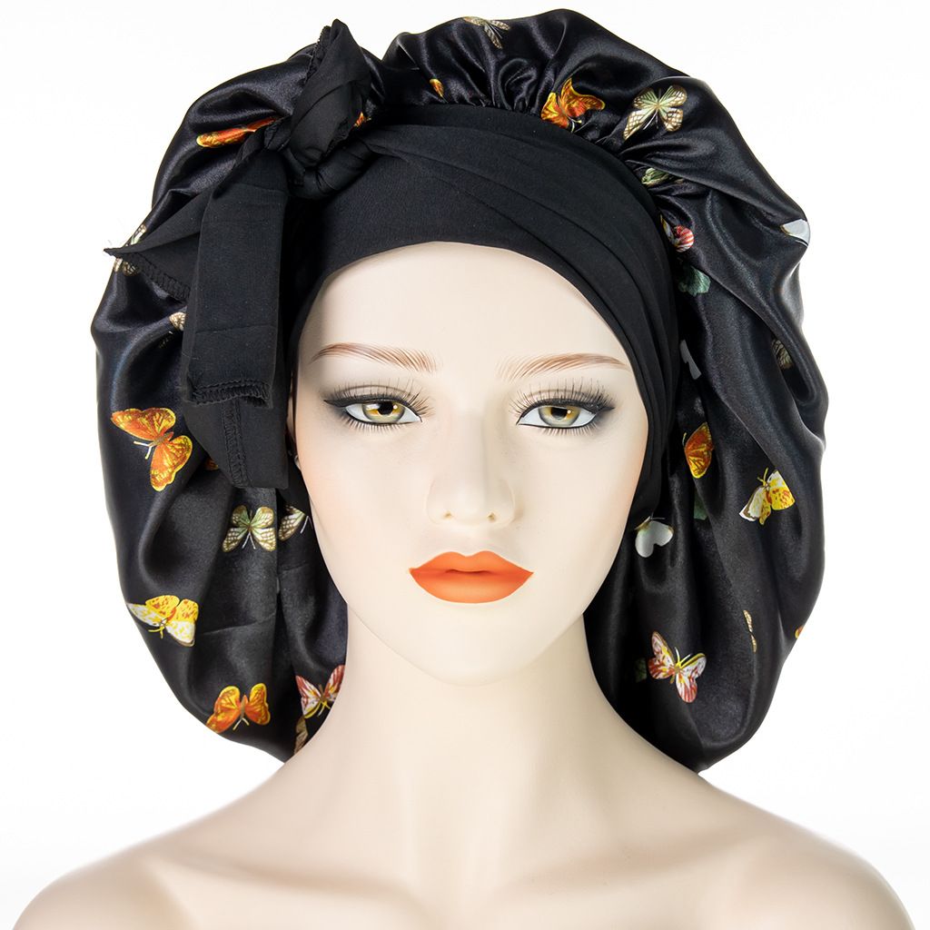 Unisex Hair Care Wide Brim Long Tail Extra Large Shower Cap Fashion Print Ladies Large Satin Night Cap_viptrois.com