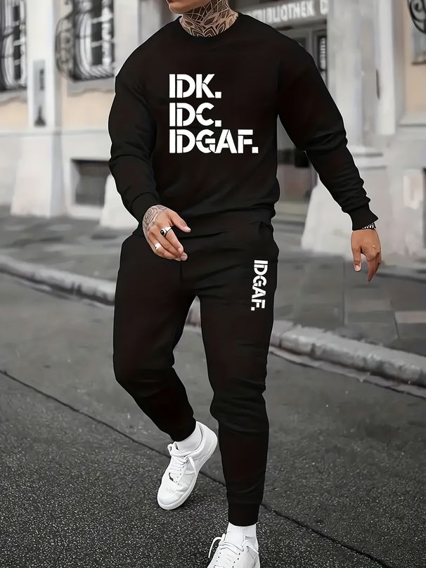 Men's Autumn And Winter Casual Warm And Fun Slogan Printed Loose Thick Velvet Round Neck Sports Shirt+sports Pants Set_viptrois.com