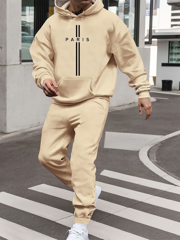 Men's Autumn/Winter Casual Fashion Paris Pattern Printed Loose Suede Thick Hoodie+Sports Pants Set_viptrois.com