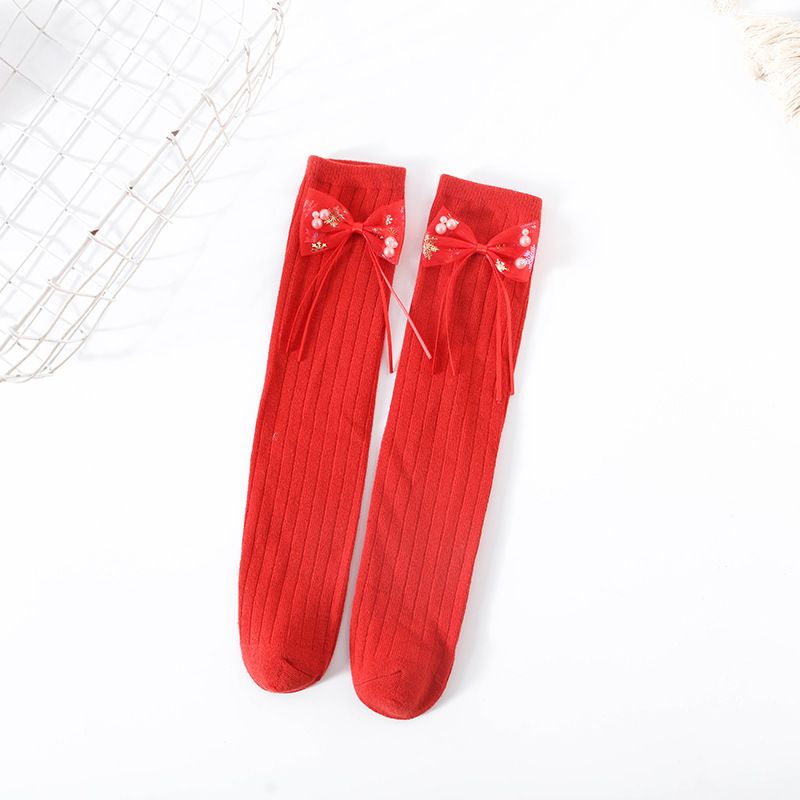 Kid's Clothing Children's Socks Autumn And Winter National Style Trend Bow Big Red Calf Socks Girls Princess Style New Year Red Cotton Socks_viptrois.com