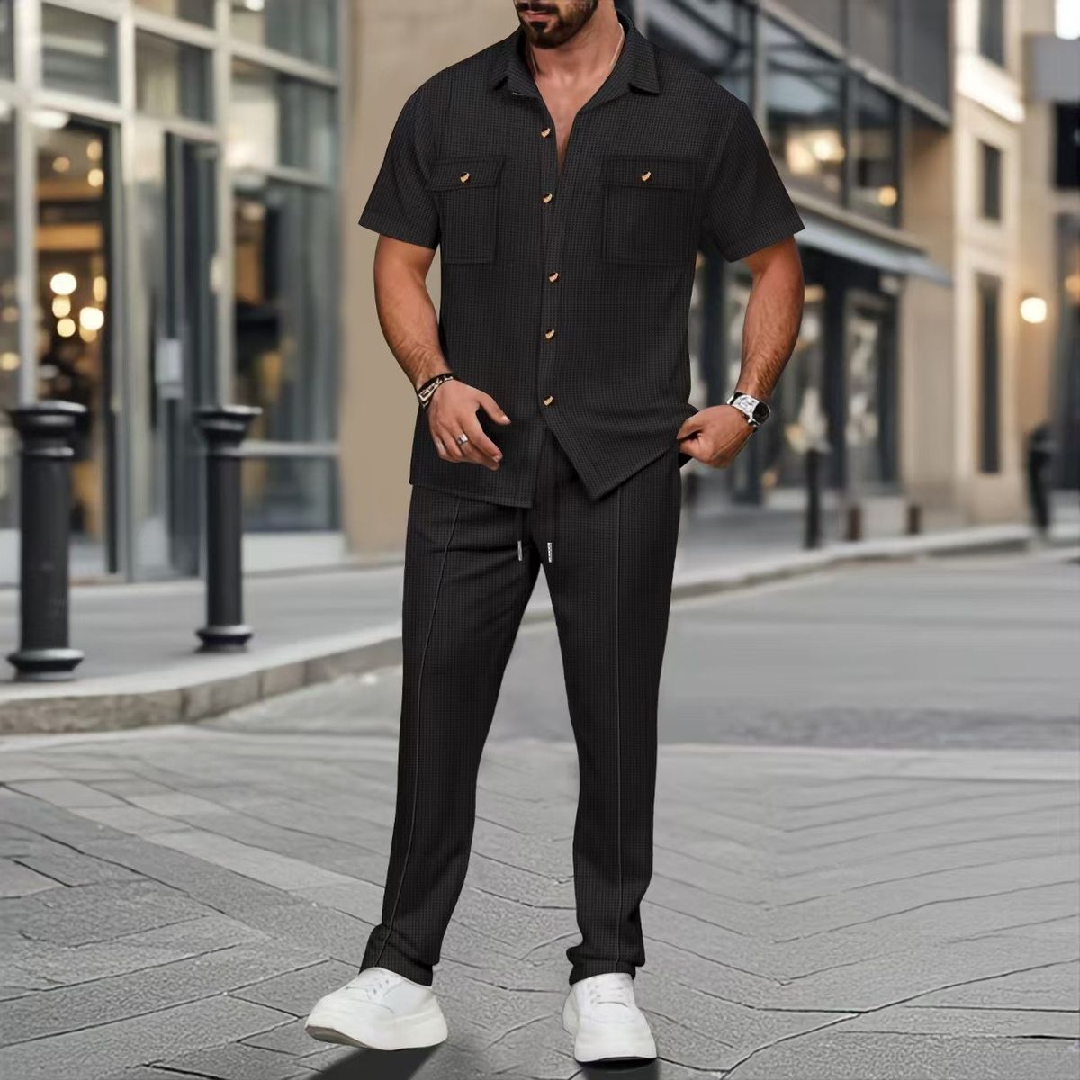 Men's Clothing Men's Summer 2-Piece Outfit - Solid Color Short Sleeve Shirt With Pocket & Matching Pants | Casual Button-Up Set_viptrois.com