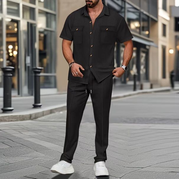 Men's Clothing Men's Summer 2-Piece Outfit - Solid Color Short Sleeve Shirt With Pocket & Matching Pants | Casual Button-Up Set_viptrois.com