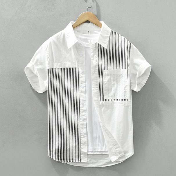 Short Sleeved Shirt Men's Summer Striped Patchwork Artistic Casual Men's Half Sleeved Shirt Trend_viptrois.com