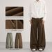 Deconstructed Vintage Washed Cotton Pants – Relaxed Straight-Leg Drop-Crotch Trousers With Pleated Details (Brown/Olive Green, Unisex Y2K Streetwear)_viptrois.com