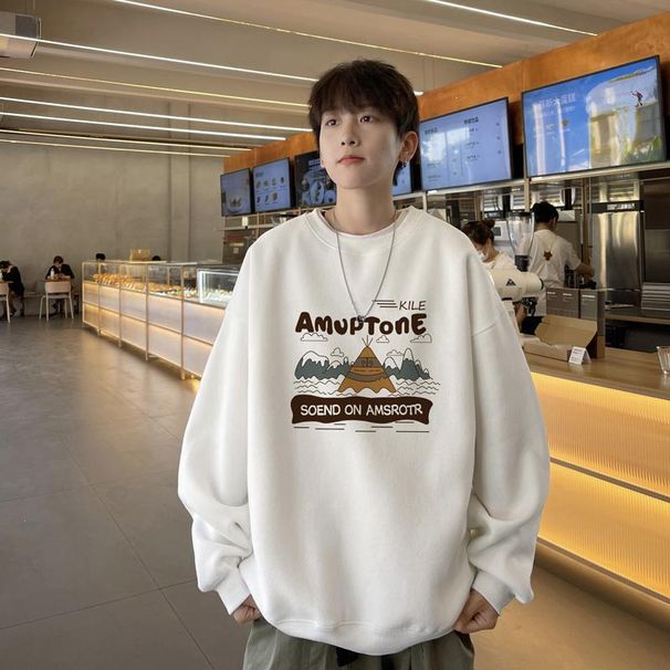 Huamian Crew Neck Men Camping Tent Printed Student Casual Hoodless Sweatshirt Jacket Teenager_viptrois.com