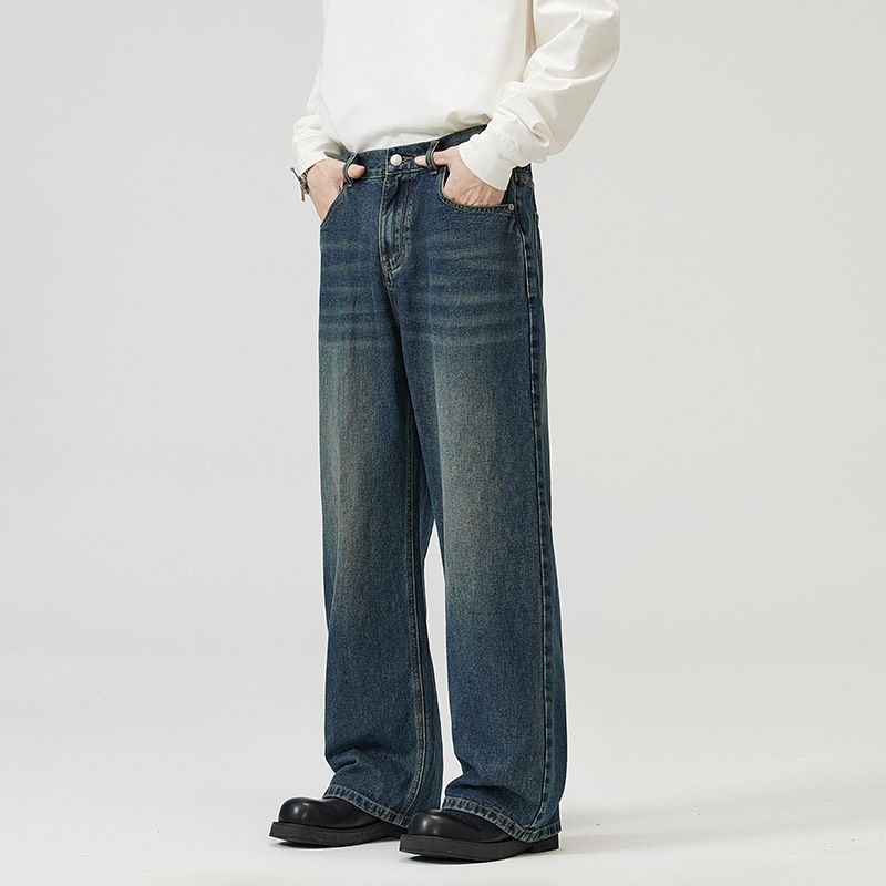 Men's Clothing Straight Half Elastic Waist Jeans Washed Vintage Wide Leg Long Pants_viptrois.com