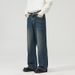 Men's Clothing Straight Half Elastic Waist Jeans Washed Vintage Wide Leg Long Pants_viptrois.com
