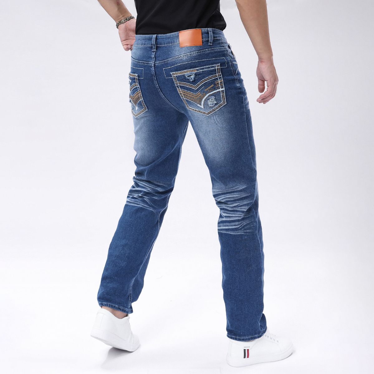 Men's Slim Fit Stretch Denim Jeans – European Washed Blue Straight-Leg Tapered Pants (S-2XL)_viptrois.com
