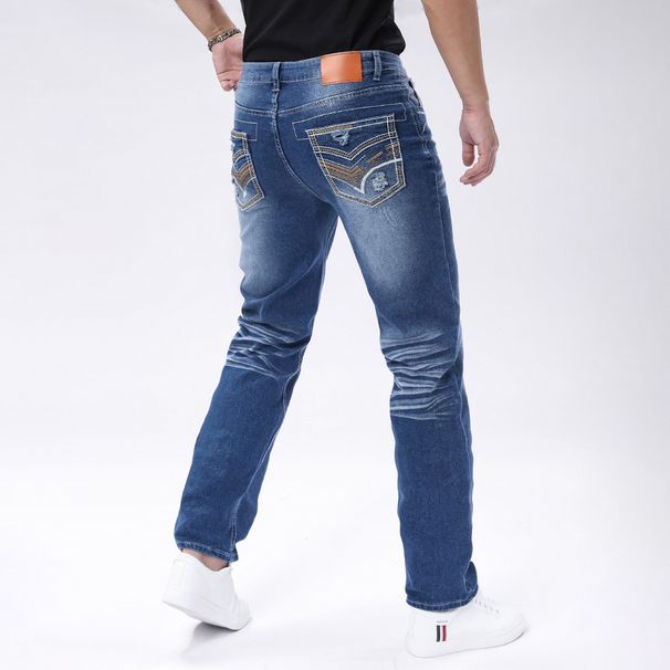 Men's Slim Fit Stretch Denim Jeans – European Washed Blue Straight-Leg Tapered Pants (S-2XL)_viptrois.com