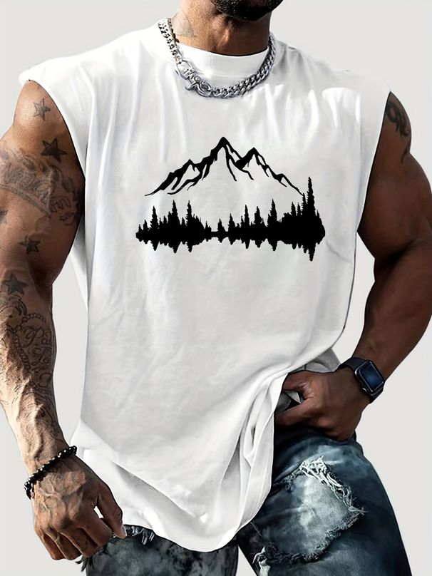 100% Pure Cotton Men's Summer Leisure Sports Fitness Loose Mountain Reflection Pattern Printed Breathable Round Neck Sleeveless Vest_viptrois.com