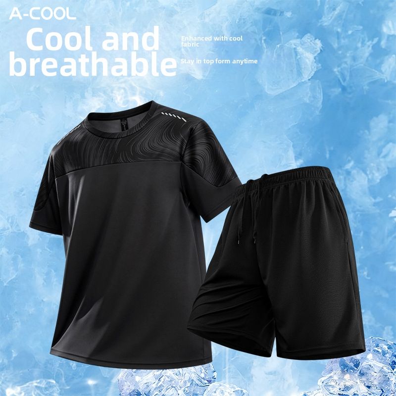 Men's Clothing Summer Ice Silk Suit Plus Size Crew Neck T-Shirt Quick Drying Short Sleeve Shorts Two Piece Set_viptrois.com