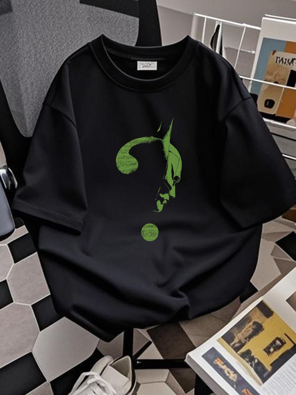 RIDDLER GLOW IN THE DARK LOGO Front Print T-Shirt Black Summer Fashion Graphic Streetwear Comfortable Casual Stretched Unisex Versatile Breathable_viptrois.com