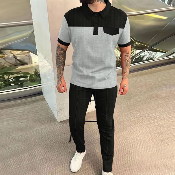 Men's Clothing Men's New Waffle Color Stitching Lapel Chest Pocket Button Short Sleeved Trousers Suit_viptrois.com