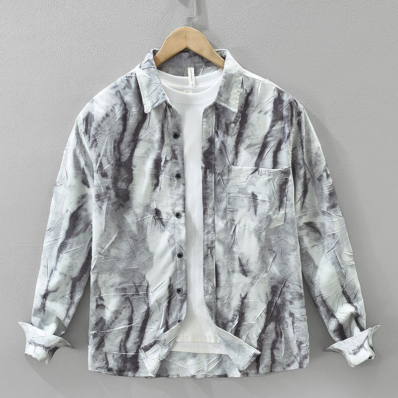 Tie Dye Retro Long Sleeved Shirt For Men, Fashionable And Versatile, Artistic And Casual Loose Top_viptrois.com