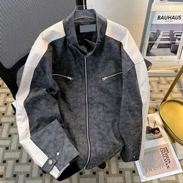 Retro Motorcycle Frosted Patchwork Leather Trendy Stand Up Collar Baseball Jacket Flight Leather Jacket Jacket_viptrois.com