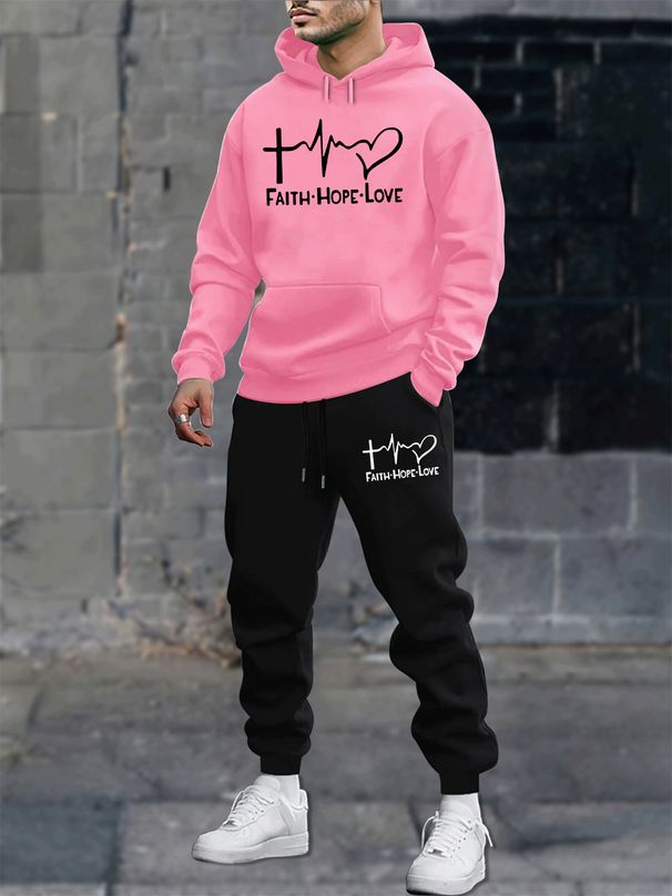 Men's Autumn And Winter Casual Fashion FAITH HOPE LOVE Letter Printed Loose Suede Thick Hooded Sweatshirt+sports Pants Set_viptrois.com