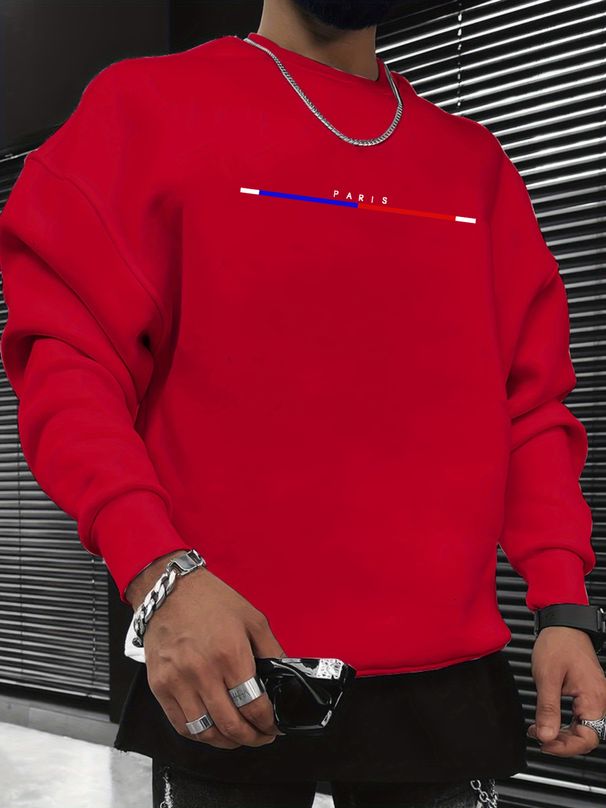 Men's Loose Casual Fashionable Classic Paris Letter Pattern Printed Round Neck Long Sleeved Sweatshirt Suitable For Autumn And Winter Wear_viptrois.com