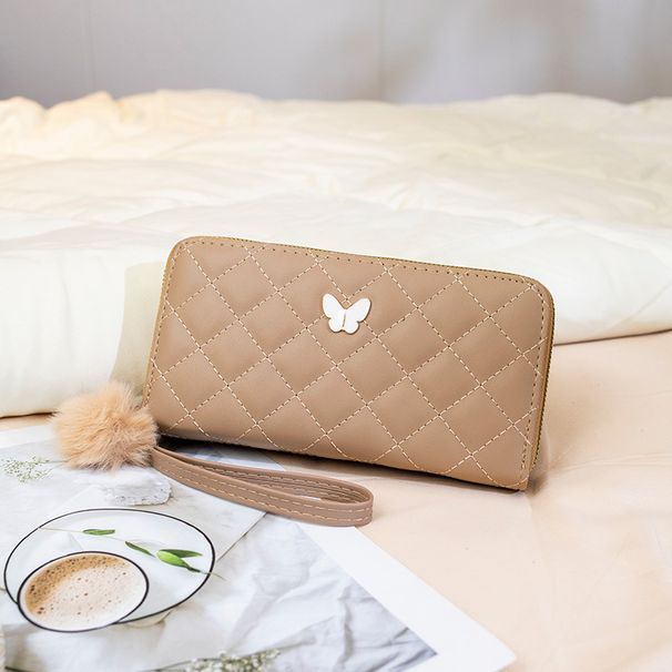 Vintage Long Wallet With Butterfly Hardware & Quilted Design - Elegant Chanel-Inspired Coin Purse With Pompom Charm & Multi-Card Slots_viptrois.com