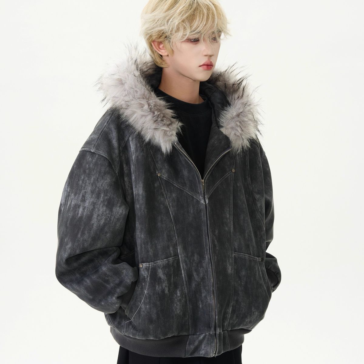 Men's Distressed Vintage Hooded Jacket – Oversized Fit, Faux Fur Trim, Heavyweight Cotton For Winter_viptrois.com