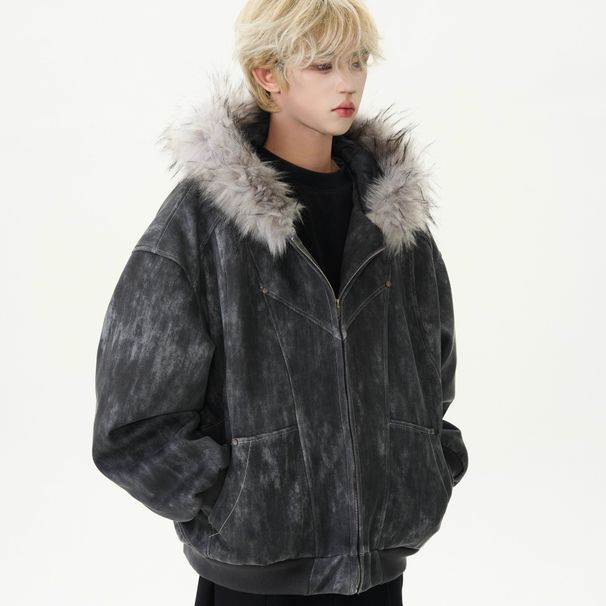 Men's Distressed Vintage Hooded Jacket – Oversized Fit, Faux Fur Trim, Heavyweight Cotton For Winter_viptrois.com