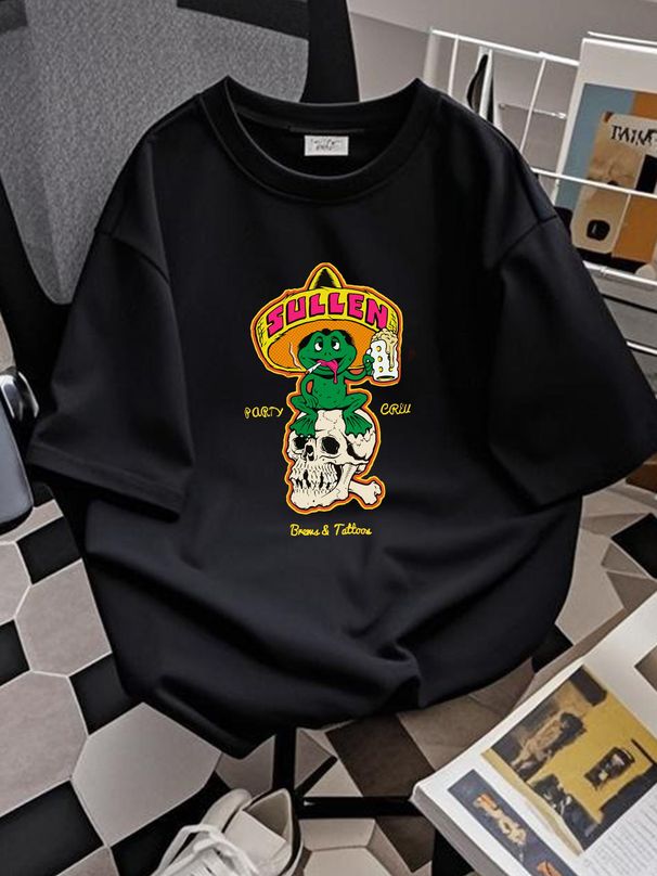 Sullen Men's Senor Tats Short Sleeve T-shirt Frog With Beer On Skull Tattoo Tee Designer Clothes Versatile Soft Stylish Fashion Comfortable Unisex_viptrois.com