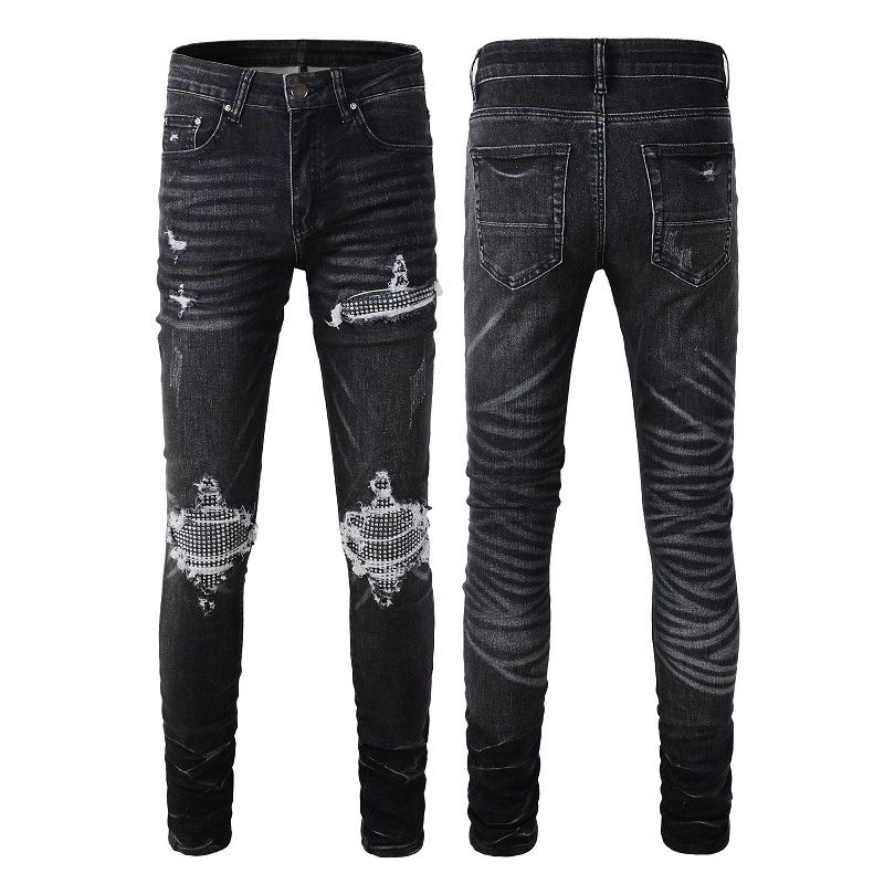 Men's Clothing American High Street Cross Border Jeans Men's Ripped Holes Hot Diamond Patches Men's Small Feet American Black Ripped Jeans #1350_viptrois.com