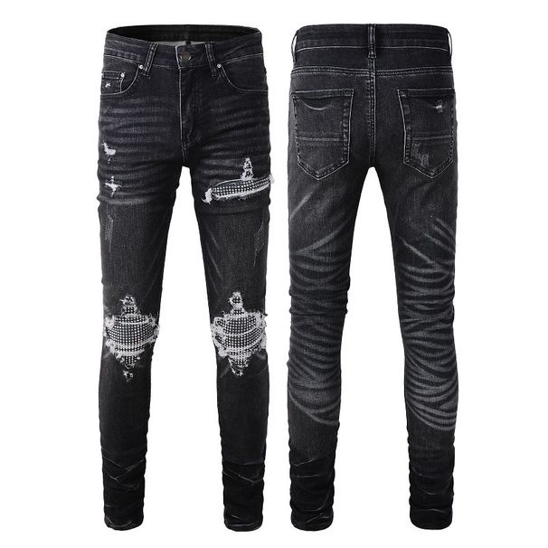 Men's Clothing American High Street Cross Border Jeans Men's Ripped Holes Hot Diamond Patches Men's Small Feet American Black Ripped Jeans #1350_viptrois.com