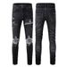 Men's Clothing American High Street Cross Border Jeans Men's Ripped Holes Hot Diamond Patches Men's Small Feet American Black Ripped Jeans #1350_viptrois.com